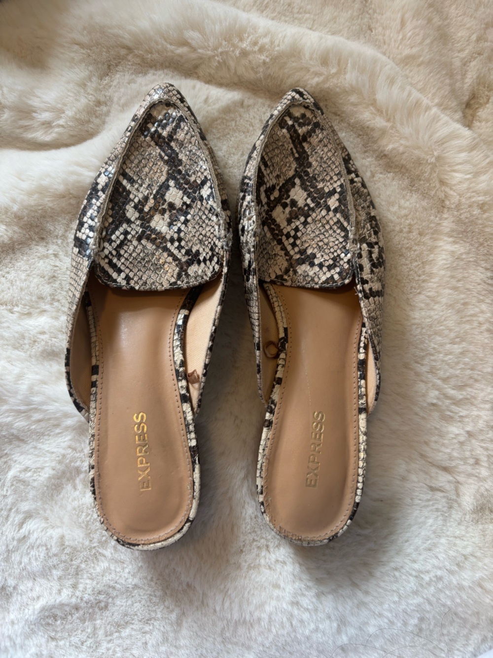 Express Women's Snake-Print Slip-On Loafers in Black and Cream
